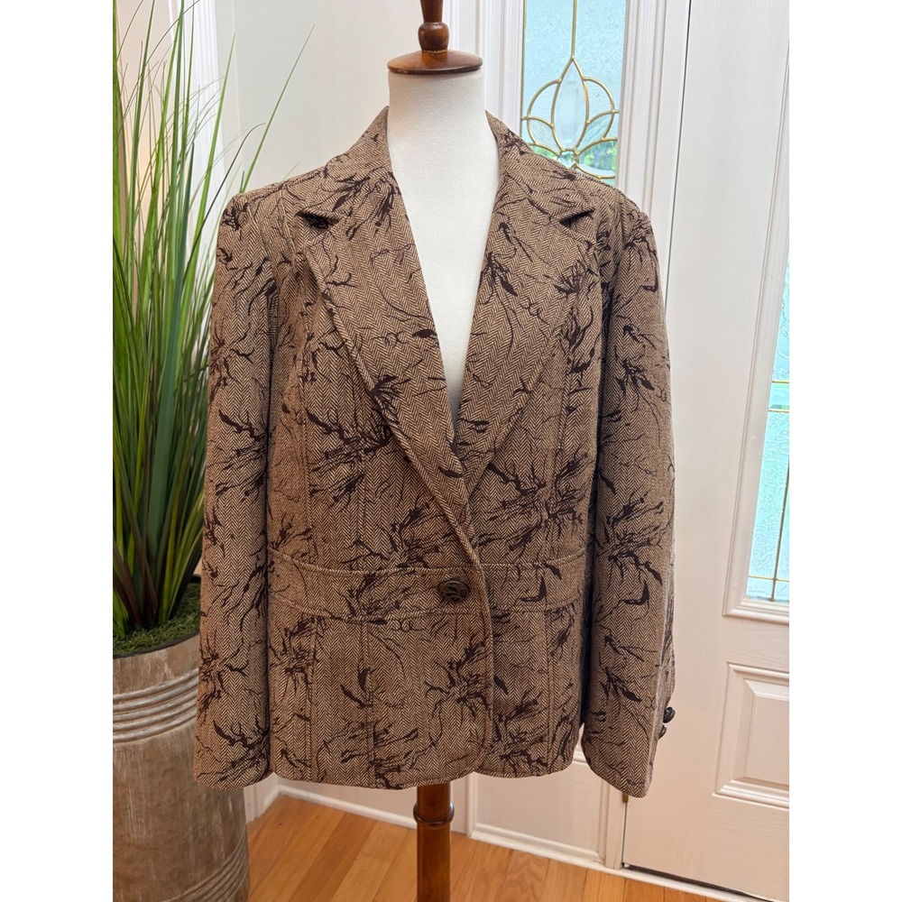 Coldwater Creek Brown Herringbone Flocked Floral Blazer Jacket 18 Fall Cassic
